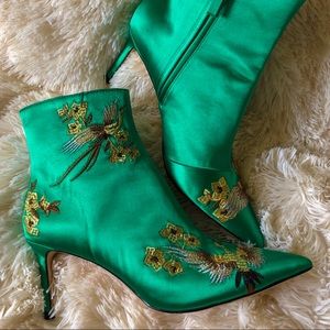 Emerald & gold pointy toe booties
